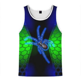 Мужская майка 3D с принтом Паук на ночной охоте в Новосибирске, 100% полиэстер | круглая горловина, приталенный силуэт, длина до линии бедра. Пройма и горловина окантованы тонкой бейкой | Тематика изображения на принте: зеленая броня | зеленый неон | классный дизайн | ночь | паук | паук дизайн | паук на охоте | паук охотник | пчелиные | соты | темная футболка | футболка с пауком | черные соты