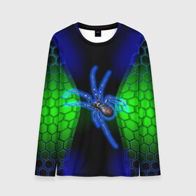 Мужской лонгслив 3D с принтом Паук на ночной охоте в Новосибирске, 100% полиэстер | длинные рукава, круглый вырез горловины, полуприлегающий силуэт | Тематика изображения на принте: зеленая броня | зеленый неон | классный дизайн | ночь | паук | паук дизайн | паук на охоте | паук охотник | пчелиные | соты | темная футболка | футболка с пауком | черные соты