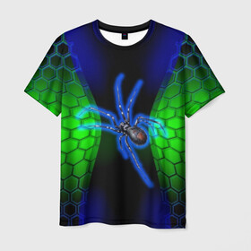 Мужская футболка 3D с принтом Паук на ночной охоте в Новосибирске, 100% полиэфир | прямой крой, круглый вырез горловины, длина до линии бедер | зеленая броня | зеленый неон | классный дизайн | ночь | паук | паук дизайн | паук на охоте | паук охотник | пчелиные | соты | темная футболка | футболка с пауком | черные соты