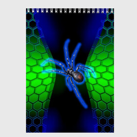 Скетчбук с принтом Паук на ночной охоте в Новосибирске, 100% бумага
 | 48 листов, плотность листов — 100 г/м2, плотность картонной обложки — 250 г/м2. Листы скреплены сверху удобной пружинной спиралью | зеленая броня | зеленый неон | классный дизайн | ночь | паук | паук дизайн | паук на охоте | паук охотник | пчелиные | соты | темная футболка | футболка с пауком | черные соты