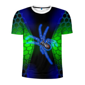 Мужская футболка 3D спортивная с принтом Паук на ночной охоте в Новосибирске, 100% полиэстер с улучшенными характеристиками | приталенный силуэт, круглая горловина, широкие плечи, сужается к линии бедра | Тематика изображения на принте: зеленая броня | зеленый неон | классный дизайн | ночь | паук | паук дизайн | паук на охоте | паук охотник | пчелиные | соты | темная футболка | футболка с пауком | черные соты