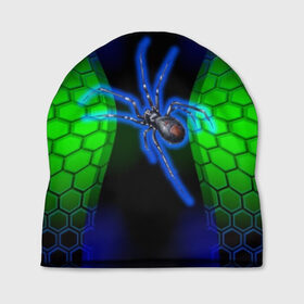 Шапка 3D с принтом Паук на ночной охоте в Новосибирске, 100% полиэстер | универсальный размер, печать по всей поверхности изделия | зеленая броня | зеленый неон | классный дизайн | ночь | паук | паук дизайн | паук на охоте | паук охотник | пчелиные | соты | темная футболка | футболка с пауком | черные соты