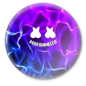 Значок с принтом Marshmello THUNDER в Новосибирске,  металл | круглая форма, металлическая застежка в виде булавки | Тематика изображения на принте: christopher comstock | dj | marshmello | music | диджей | клубная музыка | клубняк | крис комсток | логотип | маршмеллоу | музыка