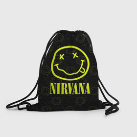 Рюкзак-мешок 3D с принтом Nirvana 1 в Новосибирске, 100% полиэстер | плотность ткани — 200 г/м2, размер — 35 х 45 см; лямки — толстые шнурки, застежка на шнуровке, без карманов и подкладки | Тематика изображения на принте: cobain | kurt | kurt cobain | nirvana | rock | smile | гитара | кобейн | курт | курт кобейн | нирвана | рок