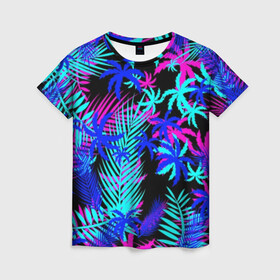 Женская футболка 3D с принтом НЕОНОВЫЕ ТРОПИКИ / TROPICAL NEON в Новосибирске, 100% полиэфир ( синтетическое хлопкоподобное полотно) | прямой крой, круглый вырез горловины, длина до линии бедер | hotline miami | neon | new retro wave | outrun | outrun electro | paints | palmen | rainbow | retro | retrowave | summer | synth | synthwave | tropical | брызги | брызги красок | звёзды | космос | краски | лето | неон | пальмы | радуга | 