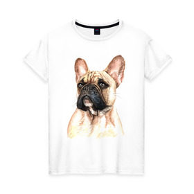 Женская футболка хлопок с принтом Французский бульдог в Новосибирске, 100% хлопок | прямой крой, круглый вырез горловины, длина до линии бедер, слегка спущенное плечо | bulldog | dog | бульдог | собака | собаки | французский бульдог