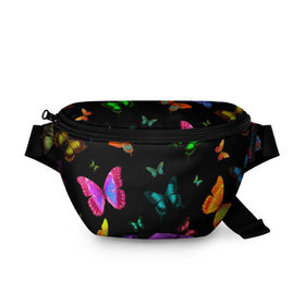 Поясная сумка 3D с принтом Ночные Бабочки в Новосибирске, 100% полиэстер | плотная ткань, ремень с регулируемой длиной, внутри несколько карманов для мелочей, основное отделение и карман с обратной стороны сумки застегиваются на молнию | butterfly | бабочка | бабочки | биология | животные | краски | крылья | насекомые | ночь | разноцветные | черный | яркие