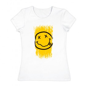 Женская футболка хлопок с принтом NIRVANA в Новосибирске, 100% хлопок | прямой крой, круглый вырез горловины, длина до линии бедер, слегка спущенное плечо | music | nirvana | rip smile | rock | smile | группа | курт кобейн | музыка | нирвана | рок | смайл