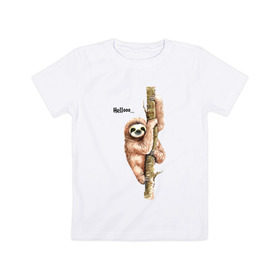 Детская футболка хлопок с принтом Ленивец в Новосибирске, 100% хлопок | круглый вырез горловины, полуприлегающий силуэт, длина до линии бедер | Тематика изображения на принте: sloth | ленивец | ленивцы