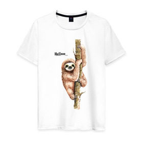 Мужская футболка хлопок с принтом Ленивец в Новосибирске, 100% хлопок | прямой крой, круглый вырез горловины, длина до линии бедер, слегка спущенное плечо. | sloth | ленивец | ленивцы