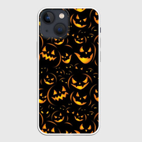 Чехол для iPhone 13 mini с принтом Хэллоуин в Новосибирске,  |  | background | black | color | eyes | fangs | halloween | holiday | horror | orange | pumpkin | sinister | teeth | vegetable | yellow | глаза | желтый | зловещий | зубы | клыки | овощ | оранжевый | праздник | тыквы | ужас | фон | хэллоуин | цвет | черный