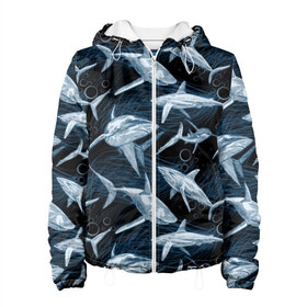 Женская куртка 3D с принтом Акулы в Новосибирске, ткань верха — 100% полиэстер, подклад — флис | прямой крой, подол и капюшон оформлены резинкой с фиксаторами, два кармана без застежек по бокам, один большой потайной карман на груди. Карман на груди застегивается на липучку | abyss | background | black | blue | bubbles | color | danger | depth | fin | mu | nature | ocean | predator | sea | shark | sharp | tail | teeth | акула | бездна | водоросли | глубина | зубы | море | океан | опасность | острые | плавник 