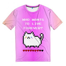 Мужская футболка 3D с принтом Cat forever в Новосибирске, 100% полиэфир | прямой крой, круглый вырез горловины, длина до линии бедер | 9 жизней | forever | pixel art | queen | wants to live | квин цитата | котенок | котик | котики | коты | кошка | кошки | пиксели | пиксель арт