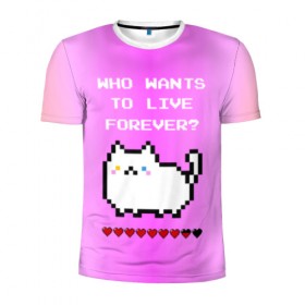 Мужская футболка 3D спортивная с принтом Cat forever в Новосибирске, 100% полиэстер с улучшенными характеристиками | приталенный силуэт, круглая горловина, широкие плечи, сужается к линии бедра | 9 жизней | forever | pixel art | queen | wants to live | квин цитата | котенок | котик | котики | коты | кошка | кошки | пиксели | пиксель арт