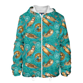 Мужская куртка 3D с принтом Весёлые выдры в Новосибирске, ткань верха — 100% полиэстер, подклад — флис | прямой крой, подол и капюшон оформлены резинкой с фиксаторами, два кармана без застежек по бокам, один большой потайной карман на груди. Карман на груди застегивается на липучку | algae | animal | background | blue | brown | color | cute | fauna | flora | fun | funny | green | heart | jellyfish | otter | river | water | white | белый | весело | вода | водоросли | выдра | животное | забавно | зеленый | коричневый | медуза 