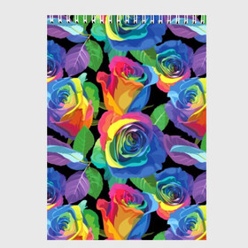 Скетчбук с принтом Разноцветные розы в Новосибирске, 100% бумага
 | 48 листов, плотность листов — 100 г/м2, плотность картонной обложки — 250 г/м2. Листы скреплены сверху удобной пружинной спиралью | background | black | blue | bud | color | exotic | flora | flowers | green | leaves | nature | pink | plant | purple | red | rose | yellow | бутон | желтый | зеленый | красный | лепесток | листья | природа | разноцветный | растение | роза | розо