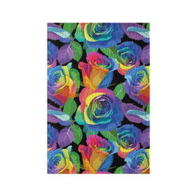 Обложка для паспорта матовая кожа с принтом Разноцветные розы в Новосибирске, натуральная матовая кожа | размер 19,3 х 13,7 см; прозрачные пластиковые крепления | background | black | blue | bud | color | exotic | flora | flowers | green | leaves | nature | pink | plant | purple | red | rose | yellow | бутон | желтый | зеленый | красный | лепесток | листья | природа | разноцветный | растение | роза | розо