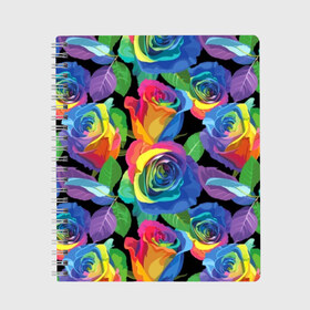 Тетрадь с принтом Разноцветные розы в Новосибирске, 100% бумага | 48 листов, плотность листов — 60 г/м2, плотность картонной обложки — 250 г/м2. Листы скреплены сбоку удобной пружинной спиралью. Уголки страниц и обложки скругленные. Цвет линий — светло-серый
 | background | black | blue | bud | color | exotic | flora | flowers | green | leaves | nature | pink | plant | purple | red | rose | yellow | бутон | желтый | зеленый | красный | лепесток | листья | природа | разноцветный | растение | роза | розо