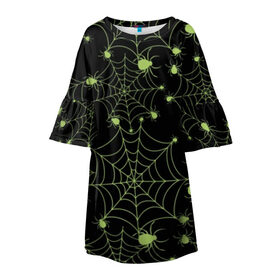 Детское платье 3D с принтом Зелёная паутина в Новосибирске, 100% полиэстер | прямой силуэт, чуть расширенный к низу. Круглая горловина, на рукавах — воланы | background | black | cobweb | color | gothic | green | halloween | holiday | insect | pattern | spider | weave | web | готика | зеленый | насекомое | паук | паутина | плести | праздник | сеть | узор | фон | хэллоуин | цвет | черный