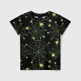 Детская футболка 3D с принтом Зелёная паутина в Новосибирске, 100% гипоаллергенный полиэфир | прямой крой, круглый вырез горловины, длина до линии бедер, чуть спущенное плечо, ткань немного тянется | Тематика изображения на принте: background | black | cobweb | color | gothic | green | halloween | holiday | insect | pattern | spider | weave | web | готика | зеленый | насекомое | паук | паутина | плести | праздник | сеть | узор | фон | хэллоуин | цвет | черный