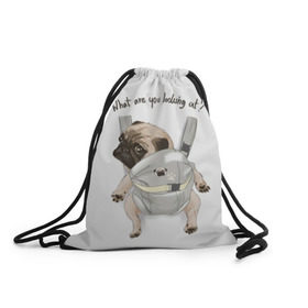 Рюкзак-мешок 3D с принтом Мопс в рюкзаке в Новосибирске, 100% полиэстер | плотность ткани — 200 г/м2, размер — 35 х 45 см; лямки — толстые шнурки, застежка на шнуровке, без карманов и подкладки | Тематика изображения на принте: background | backpack | breed | brown | color | cute | dog | funny | gray | look | muzzle | paws | pug | puppy | slogan | small | trace | white | белый | взгляд | коричневый | лапы | маленький | милый | мопс | пес | порода | прикольный | рюкзак | 