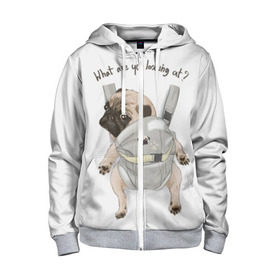 Детская толстовка 3D на молнии с принтом Мопс в рюкзаке в Новосибирске, 100% полиэстер |  манжеты и пояс оформлены широкой мягкой резинкой, двухслойный капюшон со шнурком для регулировки, спереди карманы и застежка-молния
 | background | backpack | breed | brown | color | cute | dog | funny | gray | look | muzzle | paws | pug | puppy | slogan | small | trace | white | белый | взгляд | коричневый | лапы | маленький | милый | мопс | пес | порода | прикольный | рюкзак | 