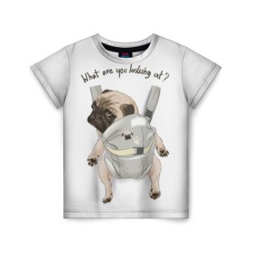 Детская футболка 3D с принтом Мопс в рюкзаке в Новосибирске, 100% гипоаллергенный полиэфир | прямой крой, круглый вырез горловины, длина до линии бедер, чуть спущенное плечо, ткань немного тянется | Тематика изображения на принте: background | backpack | breed | brown | color | cute | dog | funny | gray | look | muzzle | paws | pug | puppy | slogan | small | trace | white | белый | взгляд | коричневый | лапы | маленький | милый | мопс | пес | порода | прикольный | рюкзак | 