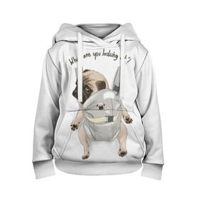Детская толстовка 3D с принтом Мопс в рюкзаке в Новосибирске, 100% полиэстер | двухслойный капюшон со шнурком для регулировки, мягкие манжеты на рукавах и по низу толстовки, спереди карман-кенгуру с мягким внутренним слоем | background | backpack | breed | brown | color | cute | dog | funny | gray | look | muzzle | paws | pug | puppy | slogan | small | trace | white | белый | взгляд | коричневый | лапы | маленький | милый | мопс | пес | порода | прикольный | рюкзак | 