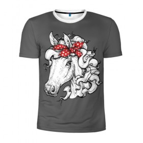 Мужская футболка 3D спортивная с принтом Белая лошадь в Новосибирске, 100% полиэстер с улучшенными характеристиками | приталенный силуэт, круглая горловина, широкие плечи, сужается к линии бедра | Тематика изображения на принте: animal | background | bandana | black | color | cool | fauna | gray | head | headdre | hipster | horse | image | look | mane | red | white | world | бандана | белый | взгляд | голова | головной | грива | животное | животный | имидж | конь | красный | лоша
