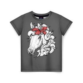 Детская футболка 3D с принтом Белая лошадь в Новосибирске, 100% гипоаллергенный полиэфир | прямой крой, круглый вырез горловины, длина до линии бедер, чуть спущенное плечо, ткань немного тянется | Тематика изображения на принте: animal | background | bandana | black | color | cool | fauna | gray | head | headdre | hipster | horse | image | look | mane | red | white | world | бандана | белый | взгляд | голова | головной | грива | животное | животный | имидж | конь | красный | лоша