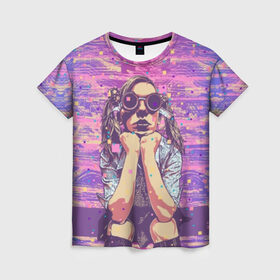 Женская футболка 3D с принтом Девушка в очках в Новосибирске, 100% полиэфир ( синтетическое хлопкоподобное полотно) | прямой крой, круглый вырез горловины, длина до линии бедер | background | blue | bright | color | colorful | cool | cyberpunk | girl | hairstyle | pink | purple | scho | skirt | student | девочка | девушка | киберпанк | круто | очки | прикольно | прическа | разноцветный | розовый | рубашка | син