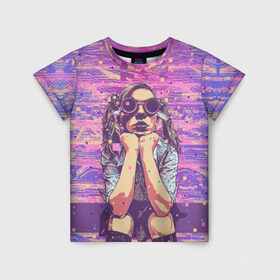Детская футболка 3D с принтом Девушка в очках в Новосибирске, 100% гипоаллергенный полиэфир | прямой крой, круглый вырез горловины, длина до линии бедер, чуть спущенное плечо, ткань немного тянется | background | blue | bright | color | colorful | cool | cyberpunk | girl | hairstyle | pink | purple | scho | skirt | student | девочка | девушка | киберпанк | круто | очки | прикольно | прическа | разноцветный | розовый | рубашка | син