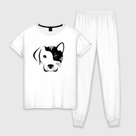 Женская пижама хлопок с принтом Котопес в Новосибирске, 100% хлопок | брюки и футболка прямого кроя, без карманов, на брюках мягкая резинка на поясе и по низу штанин | cat | dog | kitten | unity | единство | кот | котенок | кошка | пес | собака