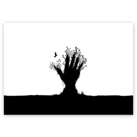 Поздравительная открытка с принтом Дерево в Новосибирске, 100% бумага | плотность бумаги 280 г/м2, матовая, на обратной стороне линовка и место для марки
 | bird | branches | ground | hand | leafs | tree | ветки | дерево | земля | листья | птица | рука