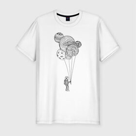 Мужская футболка премиум с принтом Космонавт в Новосибирске, 92% хлопок, 8% лайкра | приталенный силуэт, круглый вырез ворота, длина до линии бедра, короткий рукав | Тематика изображения на принте: абстракция | астронавт | в космосе | космонавт | космос | планета | планеты | шарики
