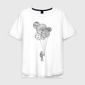 Мужская футболка хлопок Oversize с принтом Космонавт в Новосибирске, 100% хлопок | свободный крой, круглый ворот, “спинка” длиннее передней части | Тематика изображения на принте: абстракция | астронавт | в космосе | космонавт | космос | планета | планеты | шарики