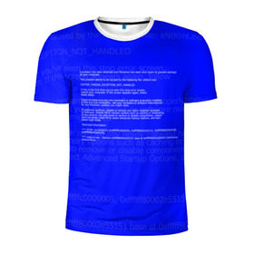 Мужская футболка 3D спортивная с принтом СИНИЙ ЭКРАН СМЕРТИ в Новосибирске, 100% полиэстер с улучшенными характеристиками | приталенный силуэт, круглая горловина, широкие плечи, сужается к линии бедра | Тематика изображения на принте: anonymus | blue death screen | cod | hack | hacker | it | program | texture | айти | аноним | анонимус | взлом | код | кодинг | программа | программист | текстура | хак | хакер
