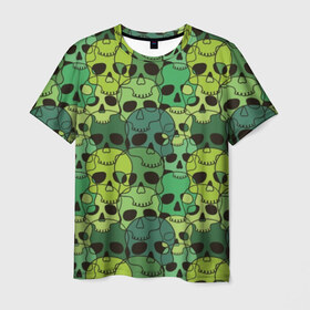Мужская футболка 3D с принтом Зеленые черепа в Новосибирске, 100% полиэфир | прямой крой, круглый вырез горловины, длина до линии бедер | anger | black | death | drawing | green | horror | illustration | lime | look | marsh | scary | skull | terrible | болотный | взгляд | зеленый | злость | иллюстрация | рисунок | салатовый | страшный | ужас | ужасный | черепа | черный