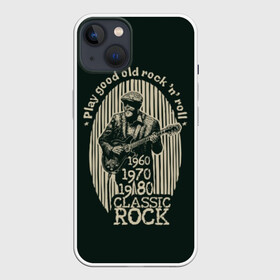 Чехол для iPhone 13 с принтом Старый рок н ролл в Новосибирске,  |  | beard | black | cap | clothes | color | guitar | guitarist | man | music | retro | rock | rock and roll | strip | vintage | white | афиша | белый | борода | винтаж | гитара | гитарист | звезда | звук | игра | кепка | классический | мужчина | музыка | музы