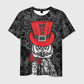 Мужская футболка 3D с принтом Сова в цилиндре в Новосибирске, 100% полиэфир | прямой крой, круглый вырез горловины, длина до линии бедер | bird | black | bow | fe | gentleman | gray | hat | look | owl | predator | red | retro | steampunk | style | white | wild | бант | белый | взгляд | галстук бабочка | джентльмен | дикий | клюв | красный | мудрость | перья | полосатый | птица | ретро | серы