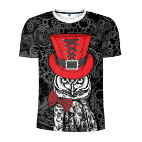 Мужская футболка 3D спортивная с принтом Сова в цилиндре в Новосибирске, 100% полиэстер с улучшенными характеристиками | приталенный силуэт, круглая горловина, широкие плечи, сужается к линии бедра | Тематика изображения на принте: bird | black | bow | fe | gentleman | gray | hat | look | owl | predator | red | retro | steampunk | style | white | wild | бант | белый | взгляд | галстук бабочка | джентльмен | дикий | клюв | красный | мудрость | перья | полосатый | птица | ретро | серы