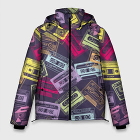 Мужская зимняя куртка 3D с принтом Разноцветные кассеты в Новосибирске, верх — 100% полиэстер; подкладка — 100% полиэстер; утеплитель — 100% полиэстер | длина ниже бедра, свободный силуэт Оверсайз. Есть воротник-стойка, отстегивающийся капюшон и ветрозащитная планка. 

Боковые карманы с листочкой на кнопках и внутренний карман на молнии. | Тематика изображения на принте: audio | drawing | green | mauve | multicolored | music | purple | retro | turquoise | vintage | yellow | аудио | бирюза | винтаж | желтый | зеленый | кассета | лиловый | музыка | разноцветные | ретро | рисунок | фиолетовый