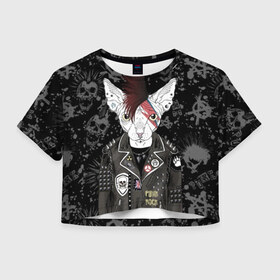 Женская футболка Crop-top 3D с принтом Кот в косухе в Новосибирске, 100% полиэстер | круглая горловина, длина футболки до линии талии, рукава с отворотами | anarchy | breed | cat | clothes | cool | hairstyle | icon | jacket | kote | mohawk | muzzle | piercing | punk | riveting | rock | skull | sphinx | spikes | tattoo | анархия | значок | ирокез | к | клепки | кот | котик | котэ | круто | куртка | оде