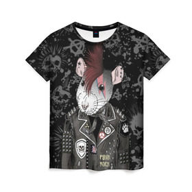 Женская футболка 3D с принтом Крыса в косухе в Новосибирске, 100% полиэфир ( синтетическое хлопкоподобное полотно) | прямой крой, круглый вырез горловины, длина до линии бедер | anarchy | clothes | cool | earring | hairstyle | hamster | icon | jacket | mohawk | mouse | music | muzzle | piercing | punk | rat | riveting | rock | skull | spikes | анархия | значок | ирокез | к | клепки | круто | крыса | куртка | музыка | мышь