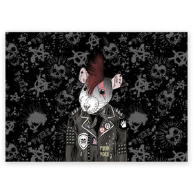 Поздравительная открытка с принтом Крыса в косухе в Новосибирске, 100% бумага | плотность бумаги 280 г/м2, матовая, на обратной стороне линовка и место для марки
 | anarchy | clothes | cool | earring | hairstyle | hamster | icon | jacket | mohawk | mouse | music | muzzle | piercing | punk | rat | riveting | rock | skull | spikes | анархия | значок | ирокез | к | клепки | круто | крыса | куртка | музыка | мышь