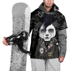 Накидка на куртку 3D с принтом Панда в косухе в Новосибирске, 100% полиэстер |  | Тематика изображения на принте: anarchy | bear | color | cool | icon | jacket | mohawk | music | panda | piercing | punk | purple | rock | skull | white | аксессуар | анархия | белый | значок | ирокез | круто | куртка | медведь | музыка | одежда | очки | панда | панк |