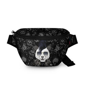 Поясная сумка 3D с принтом Панда в косухе в Новосибирске, 100% полиэстер | плотная ткань, ремень с регулируемой длиной, внутри несколько карманов для мелочей, основное отделение и карман с обратной стороны сумки застегиваются на молнию | anarchy | bear | color | cool | icon | jacket | mohawk | music | panda | piercing | punk | purple | rock | skull | white | аксессуар | анархия | белый | значок | ирокез | круто | куртка | медведь | музыка | одежда | очки | панда | панк |