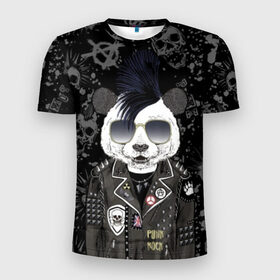 Мужская футболка 3D спортивная с принтом Панда в косухе в Новосибирске, 100% полиэстер с улучшенными характеристиками | приталенный силуэт, круглая горловина, широкие плечи, сужается к линии бедра | anarchy | bear | color | cool | icon | jacket | mohawk | music | panda | piercing | punk | purple | rock | skull | white | аксессуар | анархия | белый | значок | ирокез | круто | куртка | медведь | музыка | одежда | очки | панда | панк |