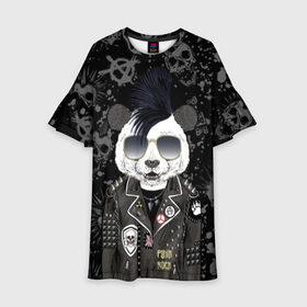 Детское платье 3D с принтом Панда в косухе в Новосибирске, 100% полиэстер | прямой силуэт, чуть расширенный к низу. Круглая горловина, на рукавах — воланы | anarchy | bear | color | cool | icon | jacket | mohawk | music | panda | piercing | punk | purple | rock | skull | white | аксессуар | анархия | белый | значок | ирокез | круто | куртка | медведь | музыка | одежда | очки | панда | панк |