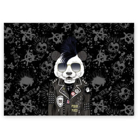 Поздравительная открытка с принтом Панда в косухе в Новосибирске, 100% бумага | плотность бумаги 280 г/м2, матовая, на обратной стороне линовка и место для марки
 | anarchy | bear | color | cool | icon | jacket | mohawk | music | panda | piercing | punk | purple | rock | skull | white | аксессуар | анархия | белый | значок | ирокез | круто | куртка | медведь | музыка | одежда | очки | панда | панк |